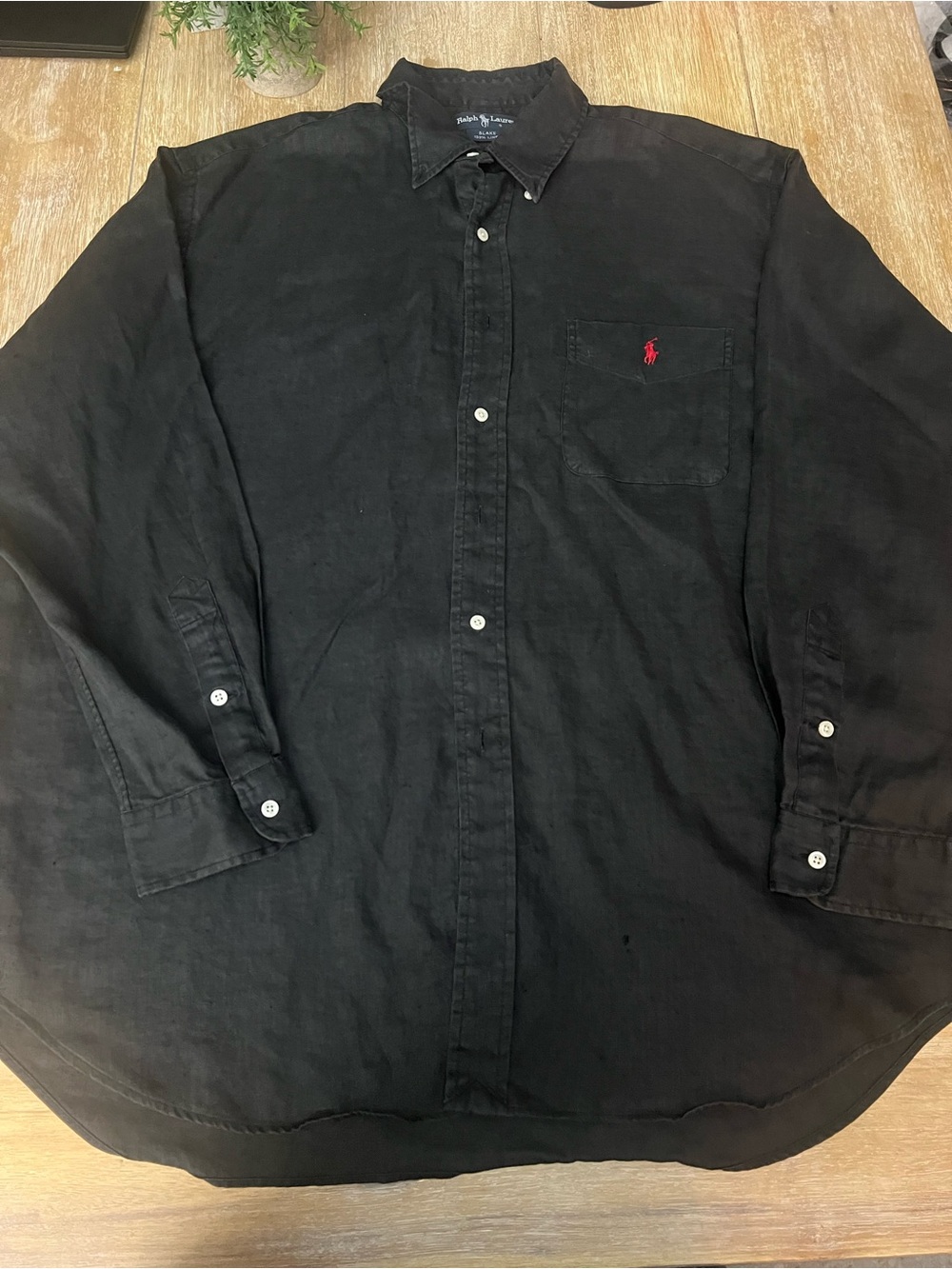 Ralph Lauren Black Button-Down Shirt with Red Pony Embroidery 100% linen